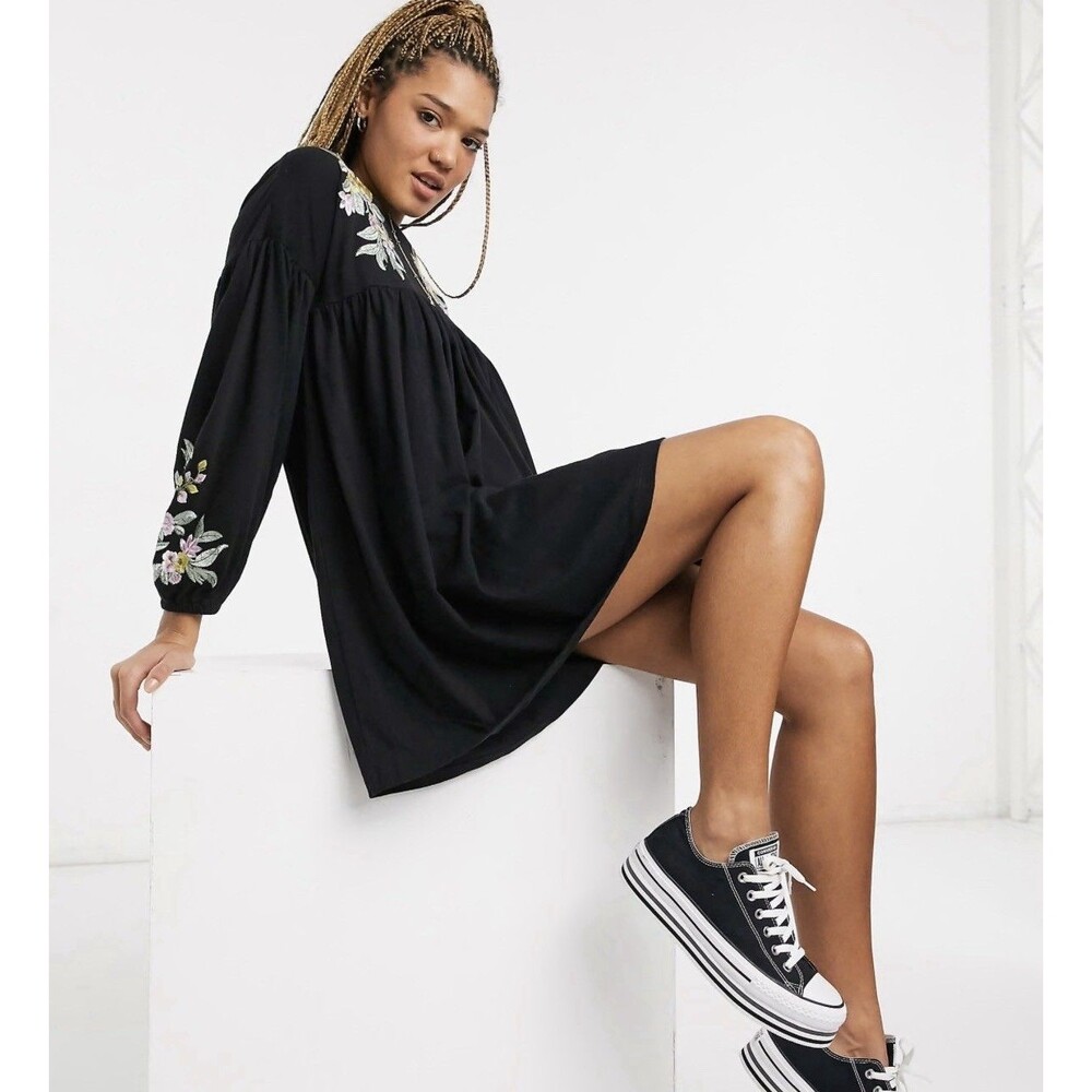 ASOS DESIGN Black Cotton Mini Smock Dress Yellow Boho Floral Embroidery Sz 2